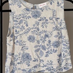 Allie Rose Blue Toile Floral Linen Blend Cropped Tank Top Size S